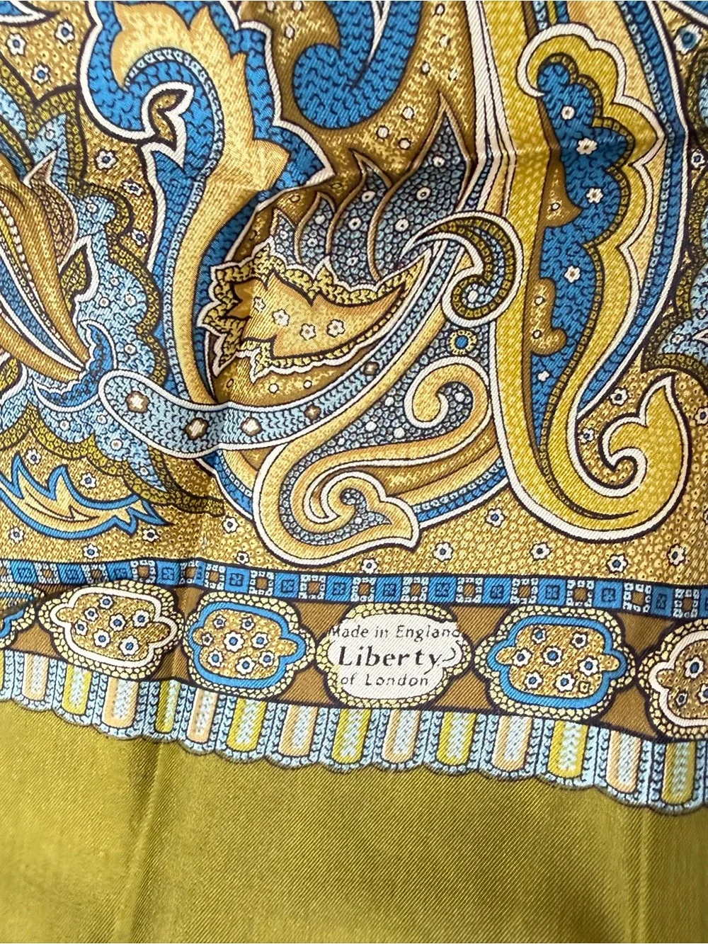 Liberty of London VintaOlive Green Paisley Scarf with Blue and Gold Accents